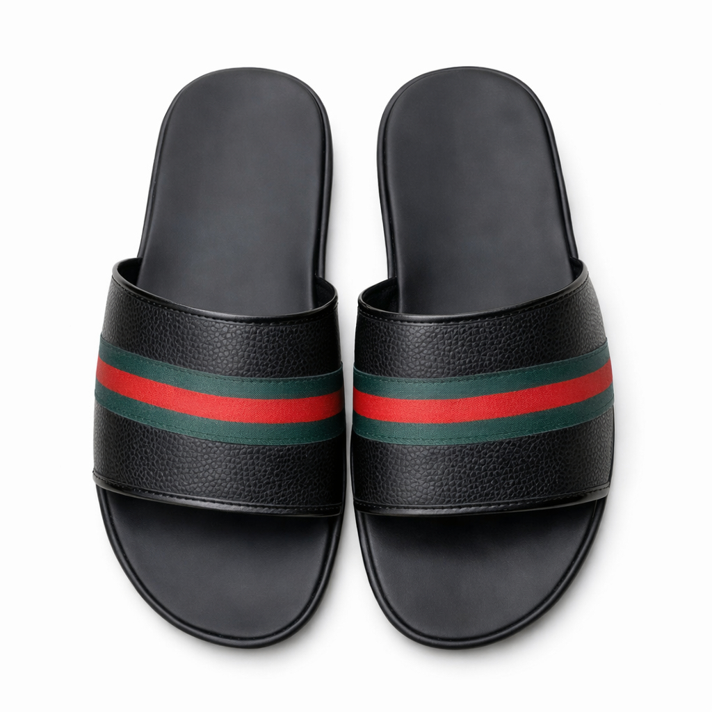 Men Black Slip On Slide Sandals with Textured Strap